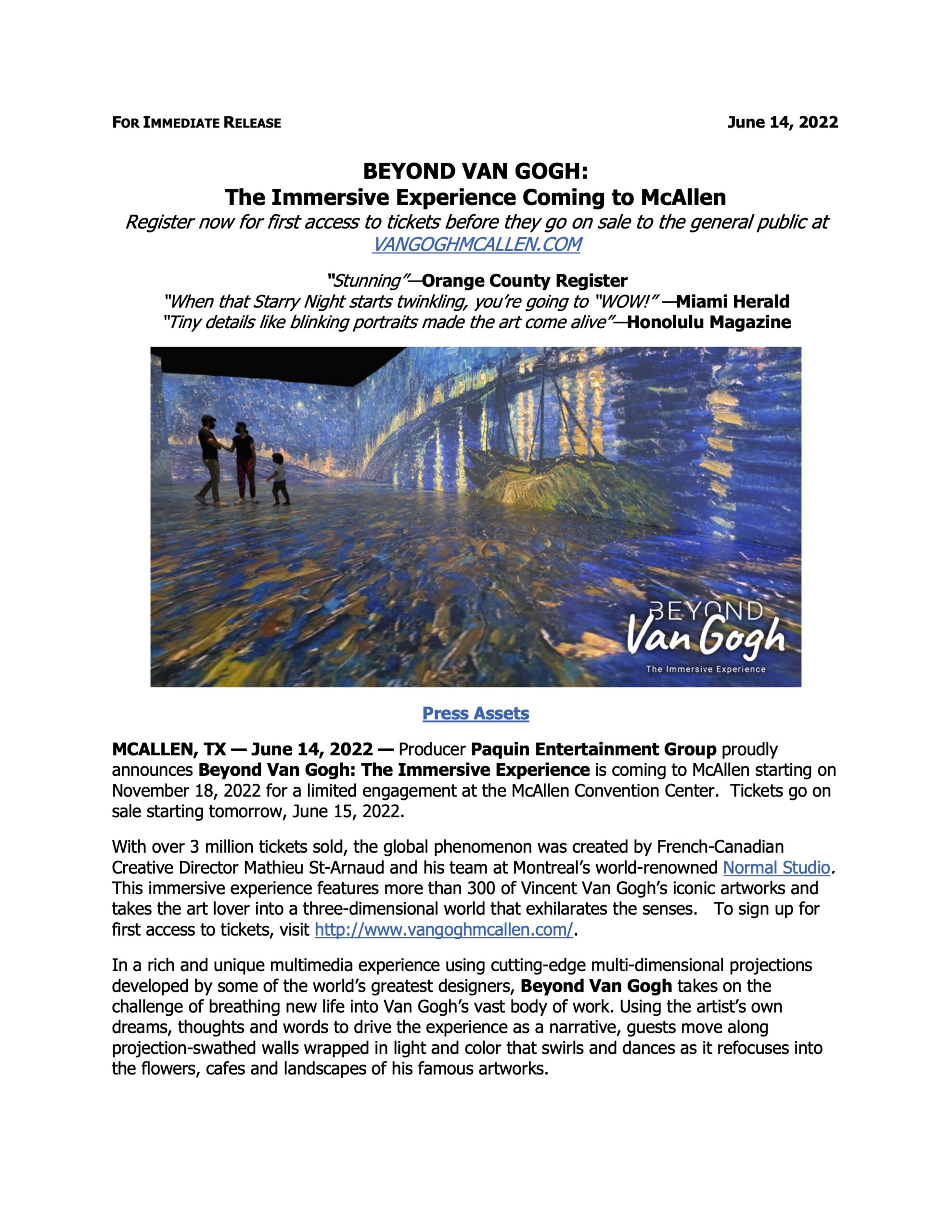 Beyond Van Gogh Tix on sale June 15 McAllen Nov18 PR 06142022 1 scaled Mcallen Convention Center | McAllen Performing Arts Center