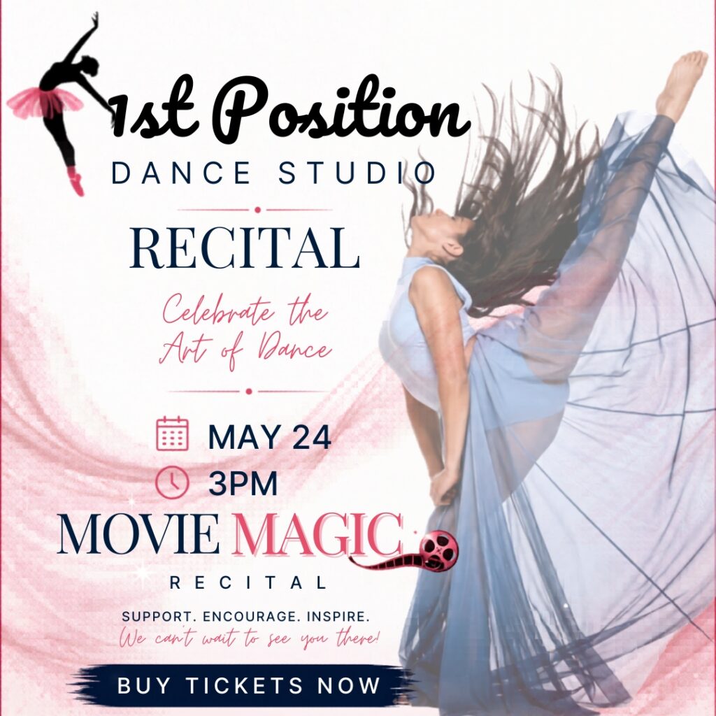 Promotional poster for the Movie Magic Recital by 1st Position Dance Studio on May 24 at 3PM featuring a dancer performing a high kick in a flowing blue costume. Poster for the Movie Magic Recital by 1st Position Dance Studio featuring a dancer in a flowing blue costume performing an expressive leap. Event takes place May 24 at 3PM. family-friendly dance recital in McAllen movie themed dance performance youth dance recital in South Texas live dance entertainment for families performing arts event in McAllen Texas ballet and dance showcase May 24 dance studio recital tickets