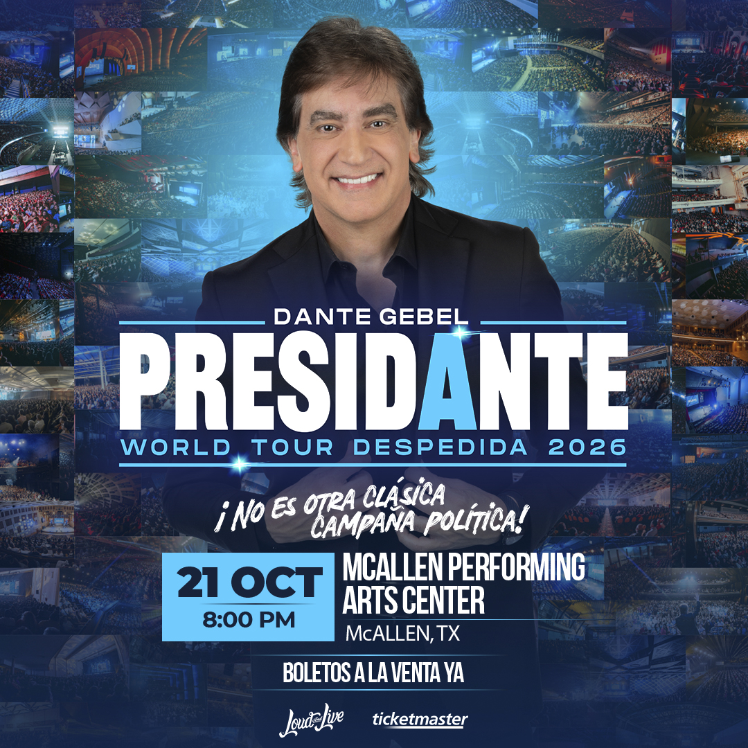 Dante Gebel presentándose en vivo durante el presiDANTE World Tour Despedida 2026 en McAllen Texas Dante Gebel en el McAllen Performing Arts Center el 21 de octubre de 2026
