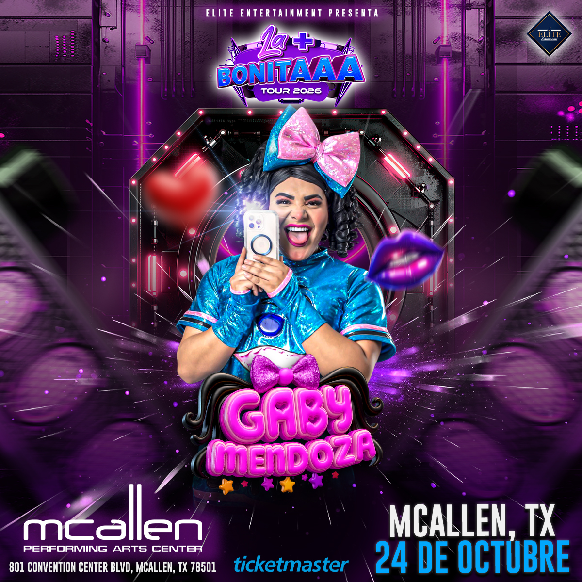 Gaby Mendoza: La + Bonita Tour en el McAllen Performing Arts Center 2026 Gaby Mendoza durante su presentación de La + Bonita Tour en el McAllen Performing Arts Center.