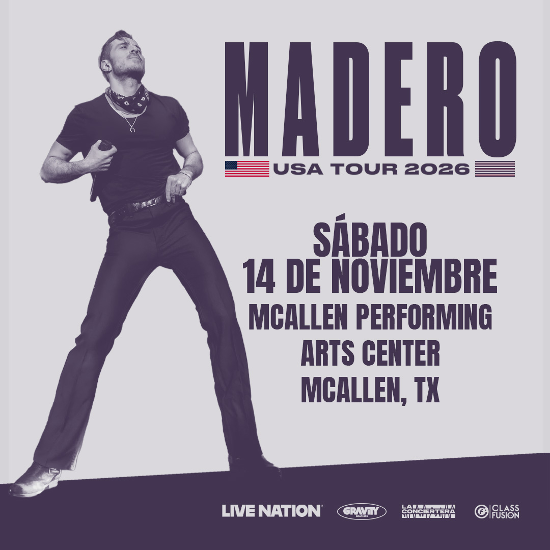 Póster promocional de José Madero USA Tour 2026 anunciando su concierto del 14 de noviembre de 2026 en el McAllen Performing Arts Center en McAllen, Texas.