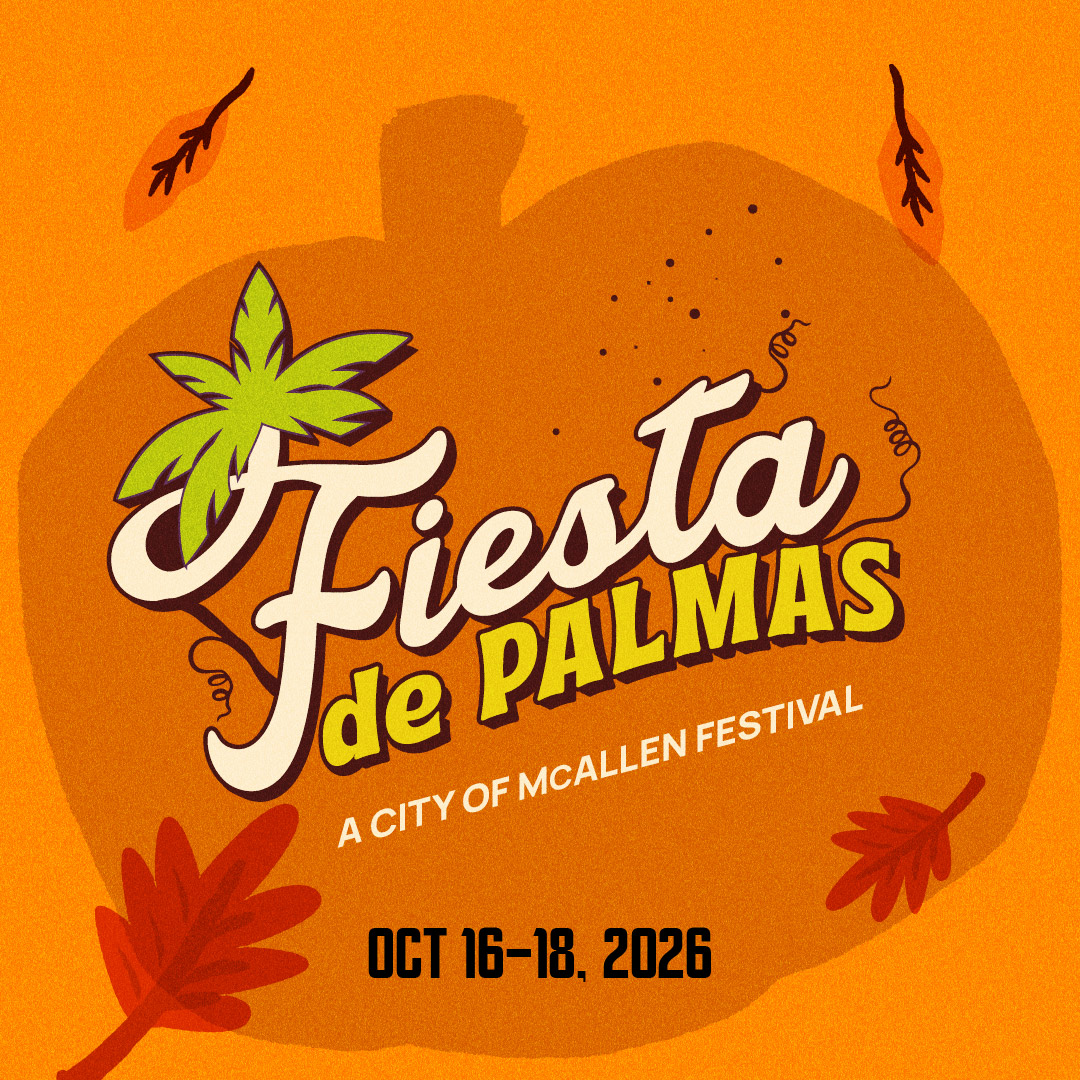 Fiesta de Palmas 2026 official festival logo with orange autumn background, announcing October 16–18 in McAllen, Texas.